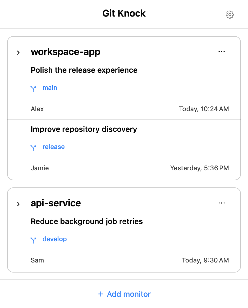 Git Knock native repository cards with remote branches, latest commits, authors and dates.