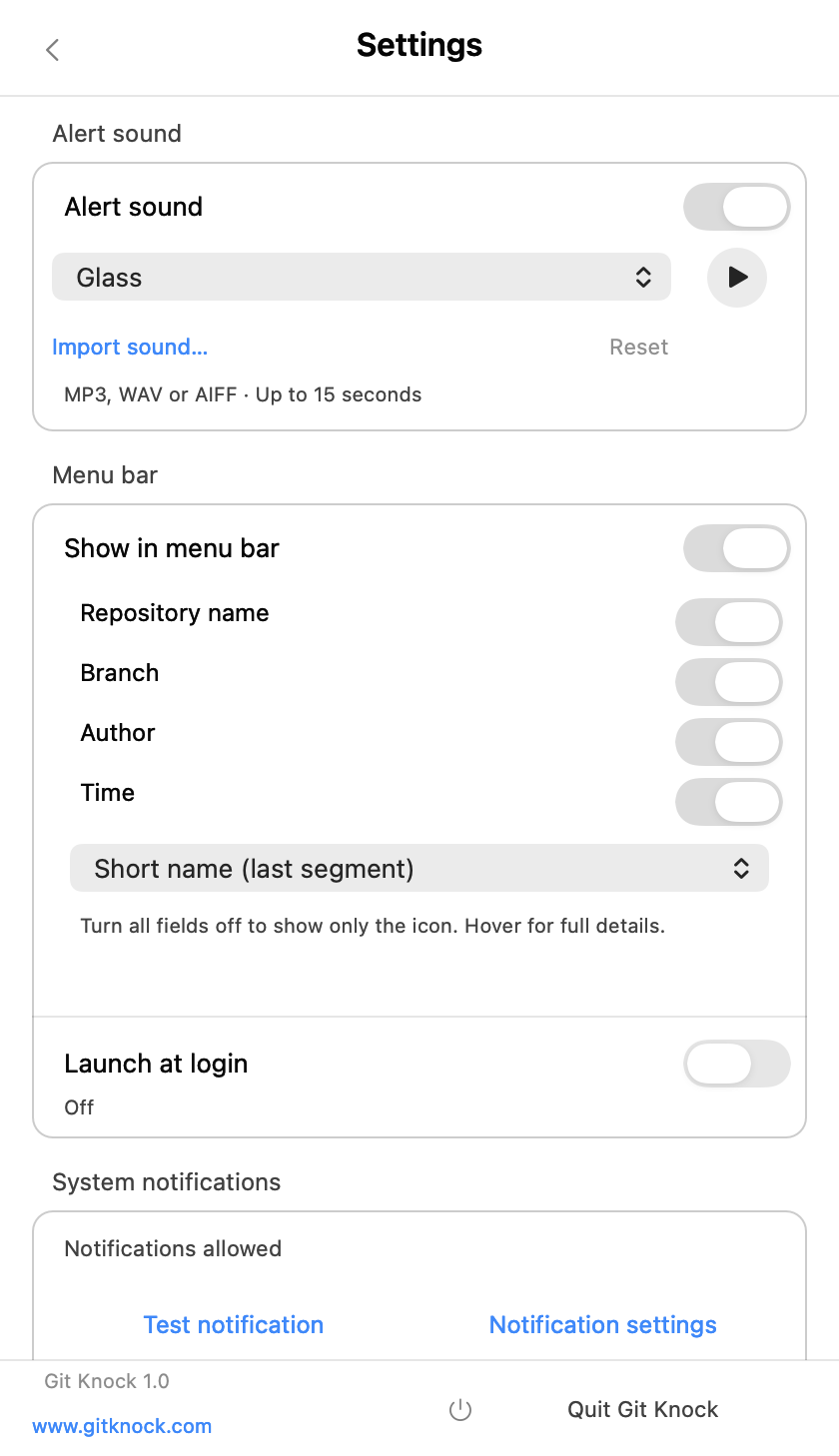 Git Knock Settings, including general preferences, sounds, menu bar fields and system notifications.
