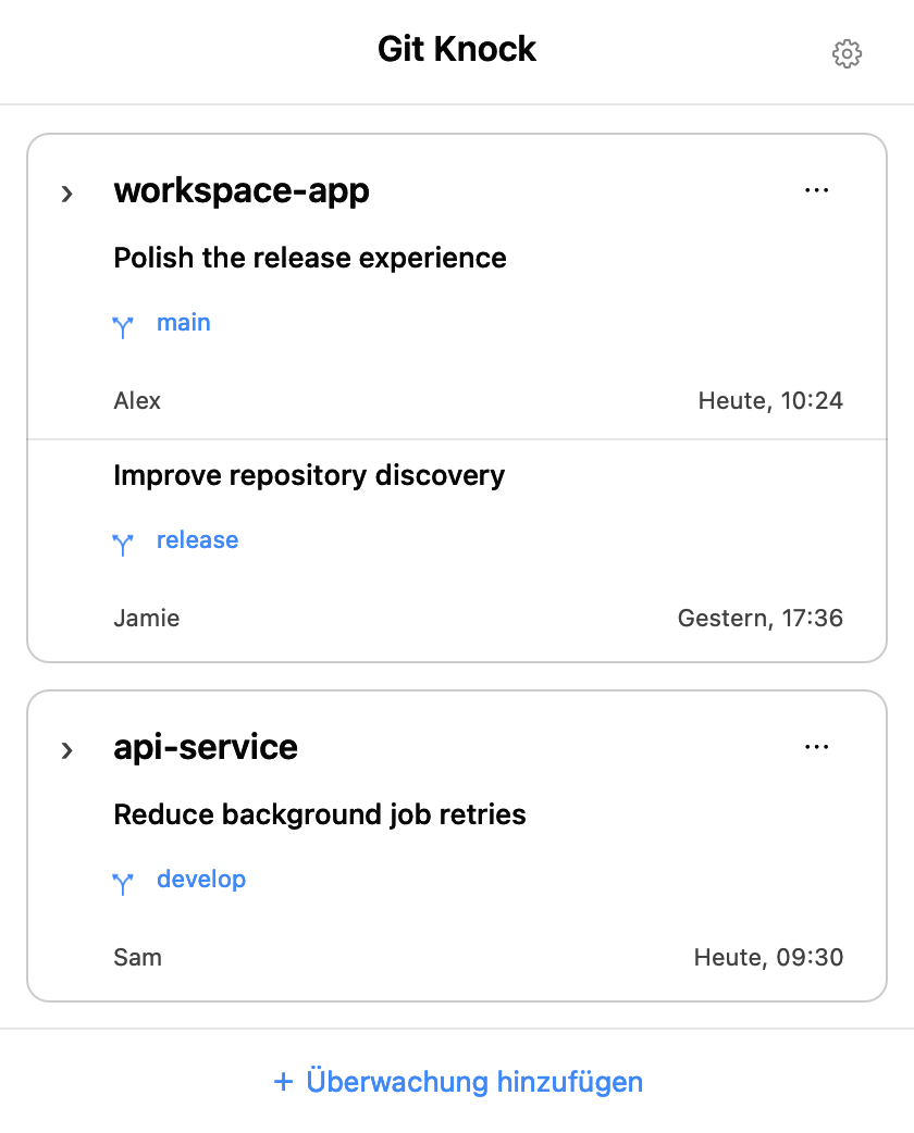 Beispiel der nativen Repository-Karten von Git Knock 1.0(8), mit Remote-Branches, neuesten Commits, Autoren und Datum.