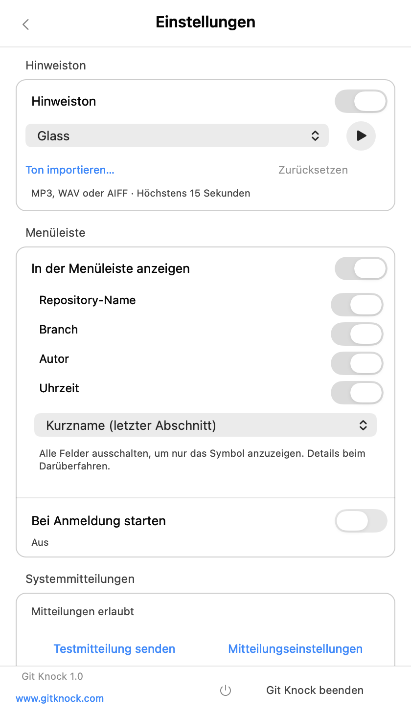 Beispiel der nativen Einstellungen von Git Knock 1.0(8), mit Tönen, Anzeigeoptionen der Menüleiste und Systemmitteilungen.