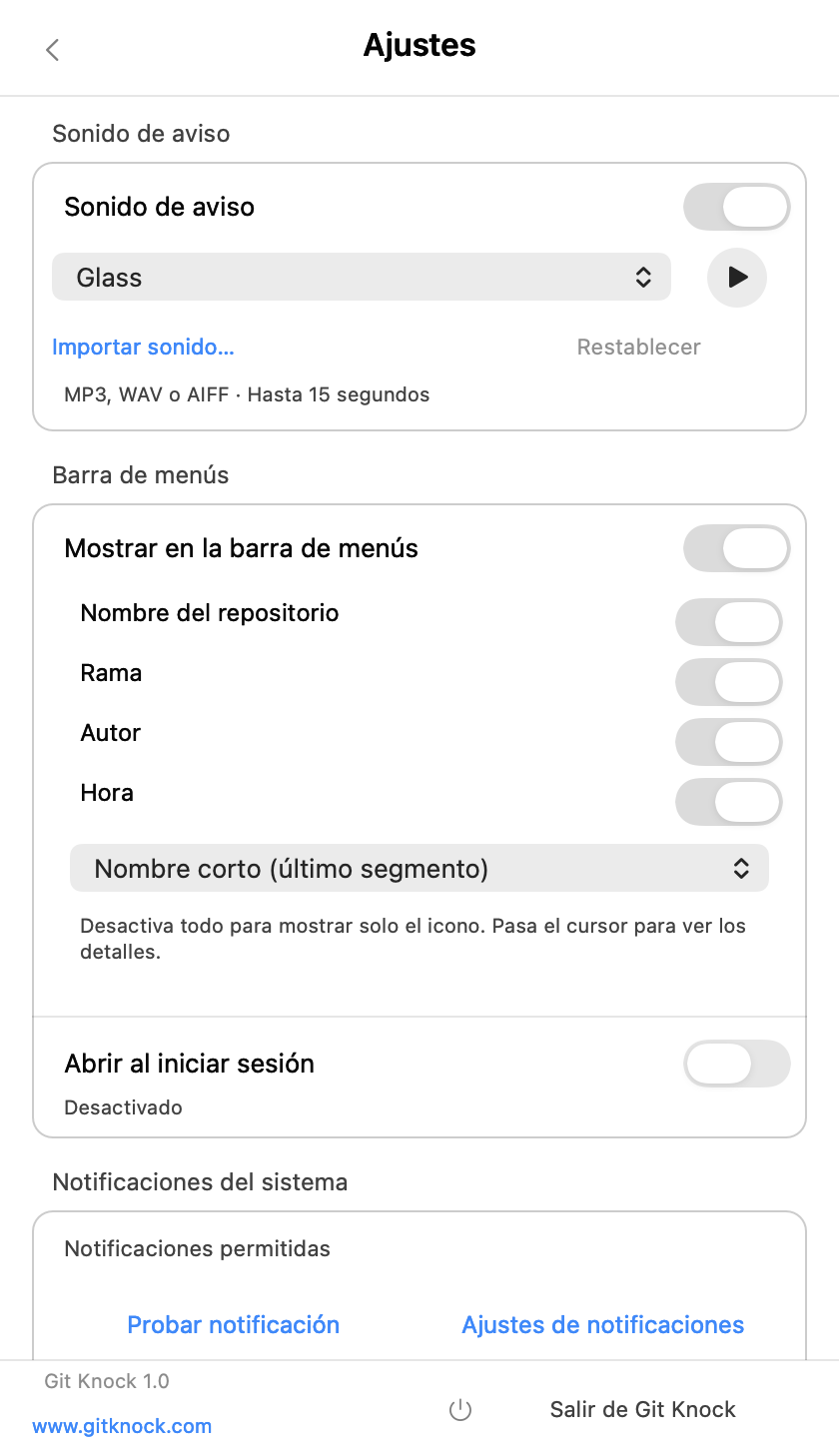 Ejemplo de los Ajustes nativos de Git Knock 1.0(8), con sonidos, opciones de la barra de menús y notificaciones del sistema.