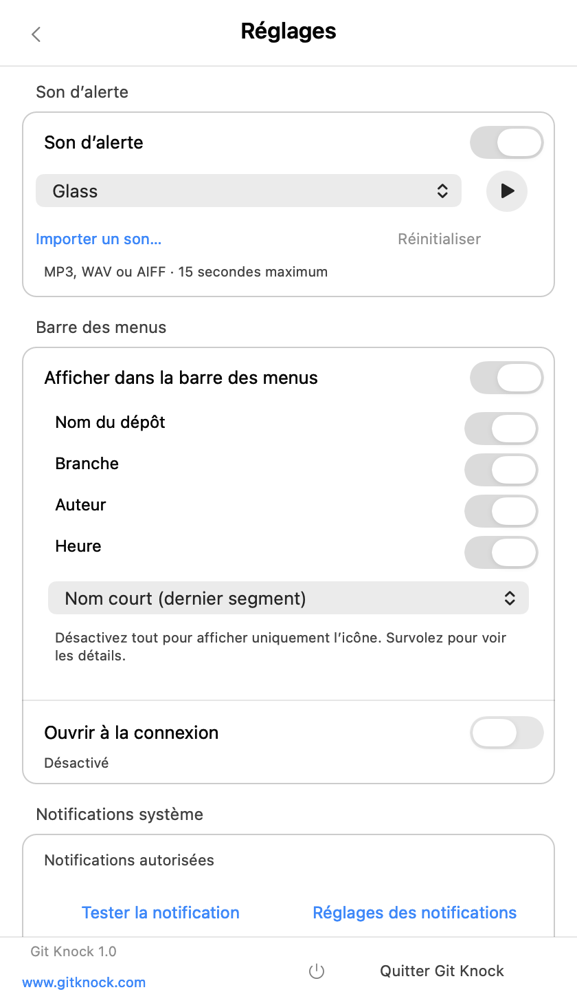 Exemple des réglages natifs de Git Knock 1.0(8), avec les sons, les options de la barre des menus et les notifications système.