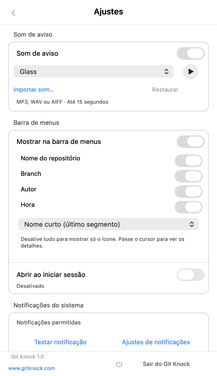 Exemplo dos Ajustes nativos do Git Knock 1.0(8), com sons, opções da barra de menus e notificações do sistema.